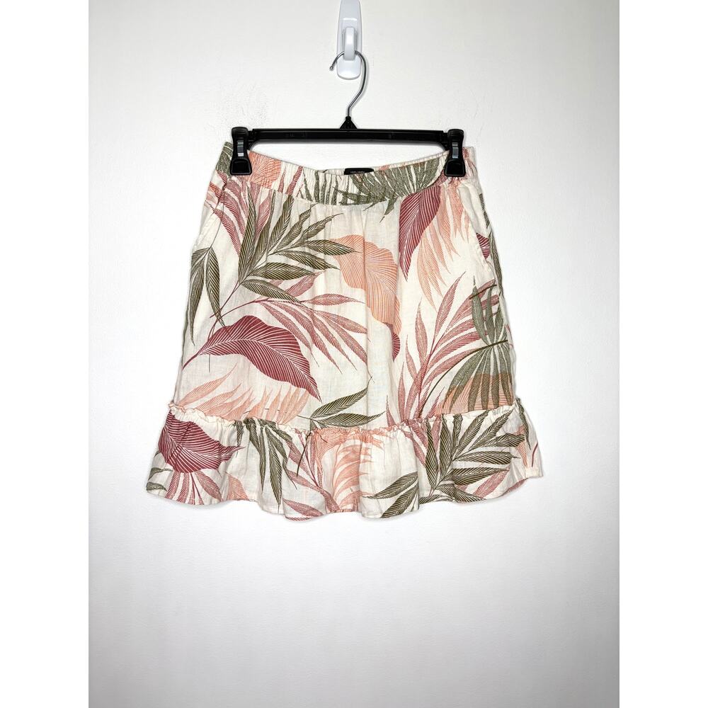 Tahari 100% Linen Tropical Mini Skirt Sz S Ruffle Hem Pockets Earthy Beachy